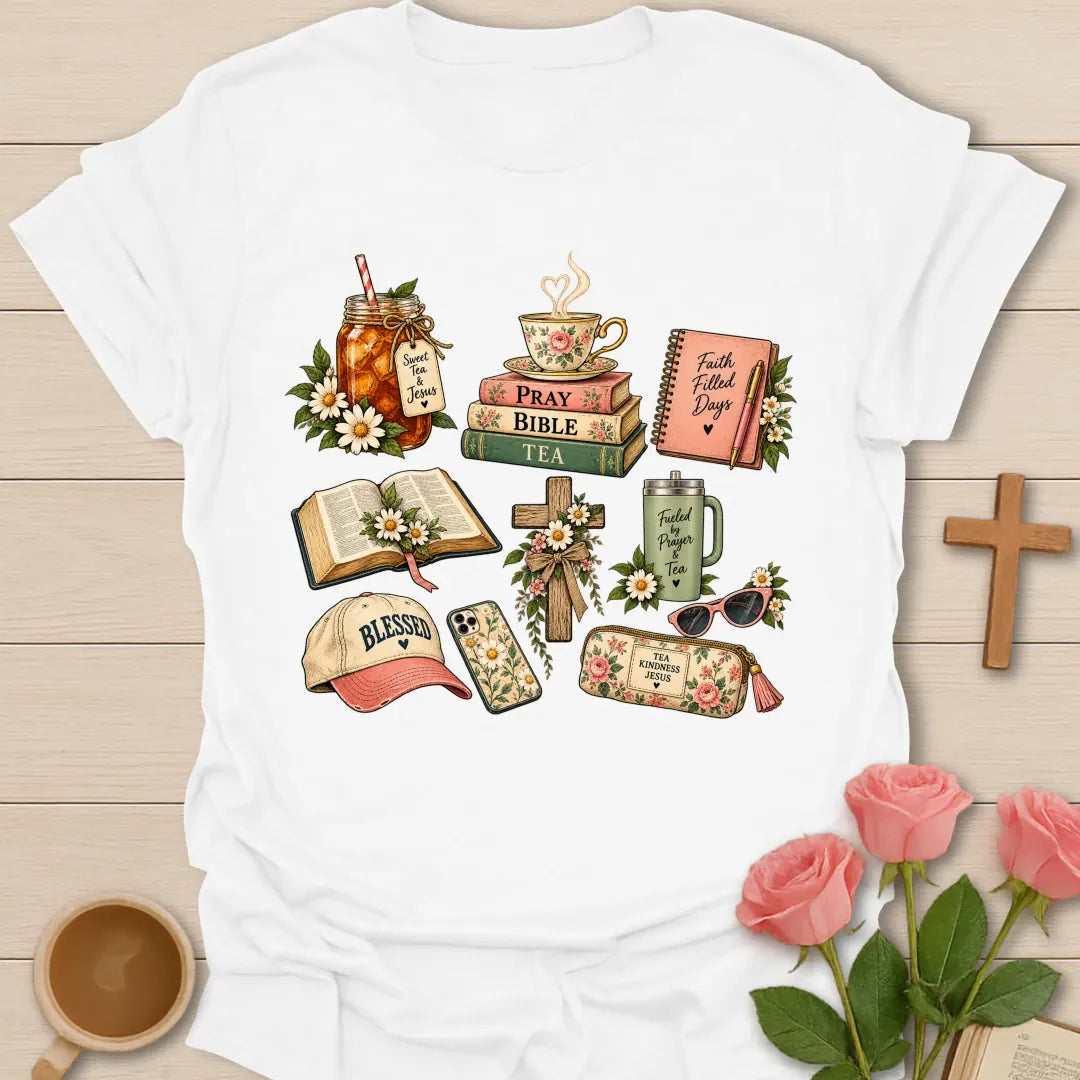 Faith Filled Day t-shirt with a floral collage of a sweet tea jar, Pray Bible Tea book stack, Faith Filled Days journal, open Bible, cross, Fueled By Prayer & Tea tumbler and Blessed cap - White