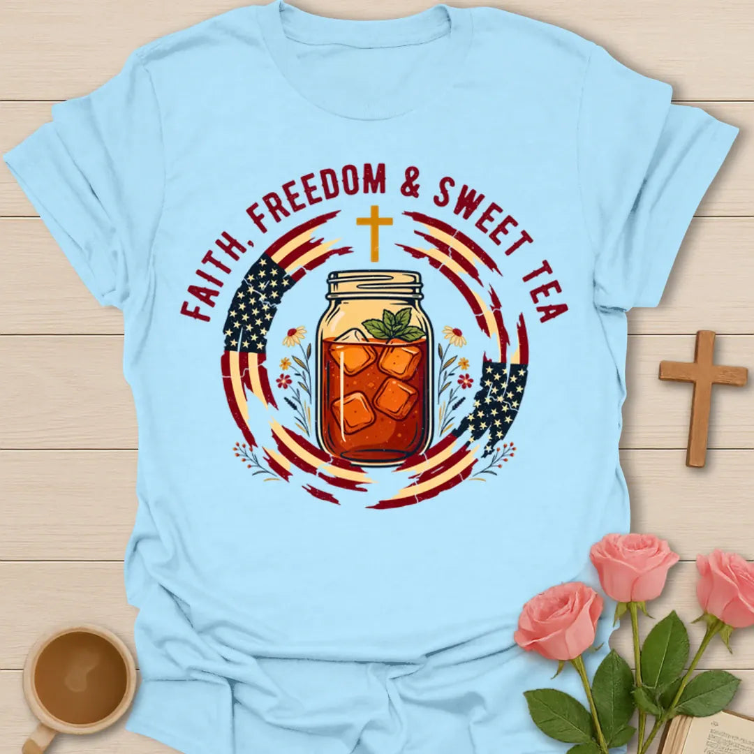Faith Freedom and Sweet Tea patriotic shirt with mason jar iced tea, American flag accents, cross, and flowers - Light Blue
