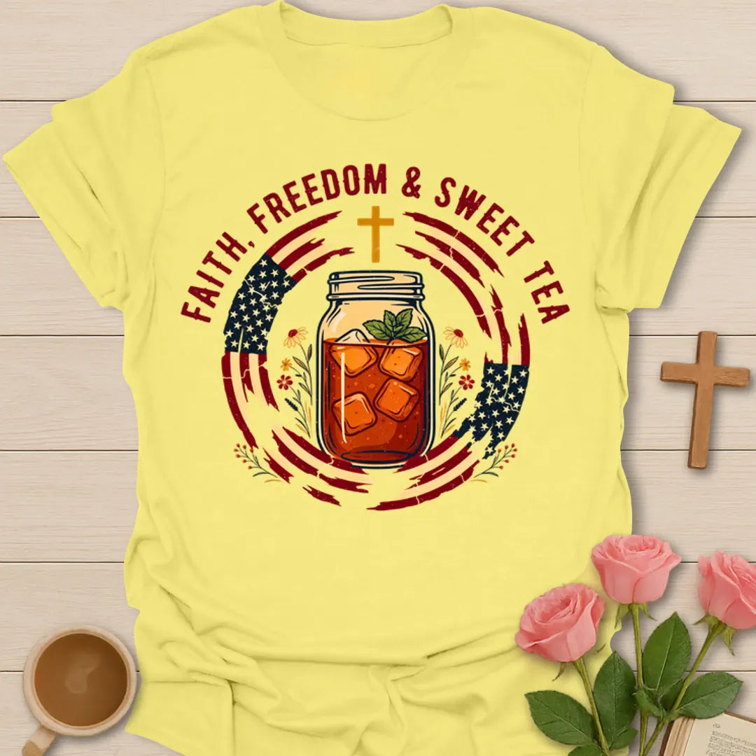 Faith Freedom and Sweet Tea patriotic shirt with mason jar iced tea, American flag accents, cross, and flowers - Cornsilk