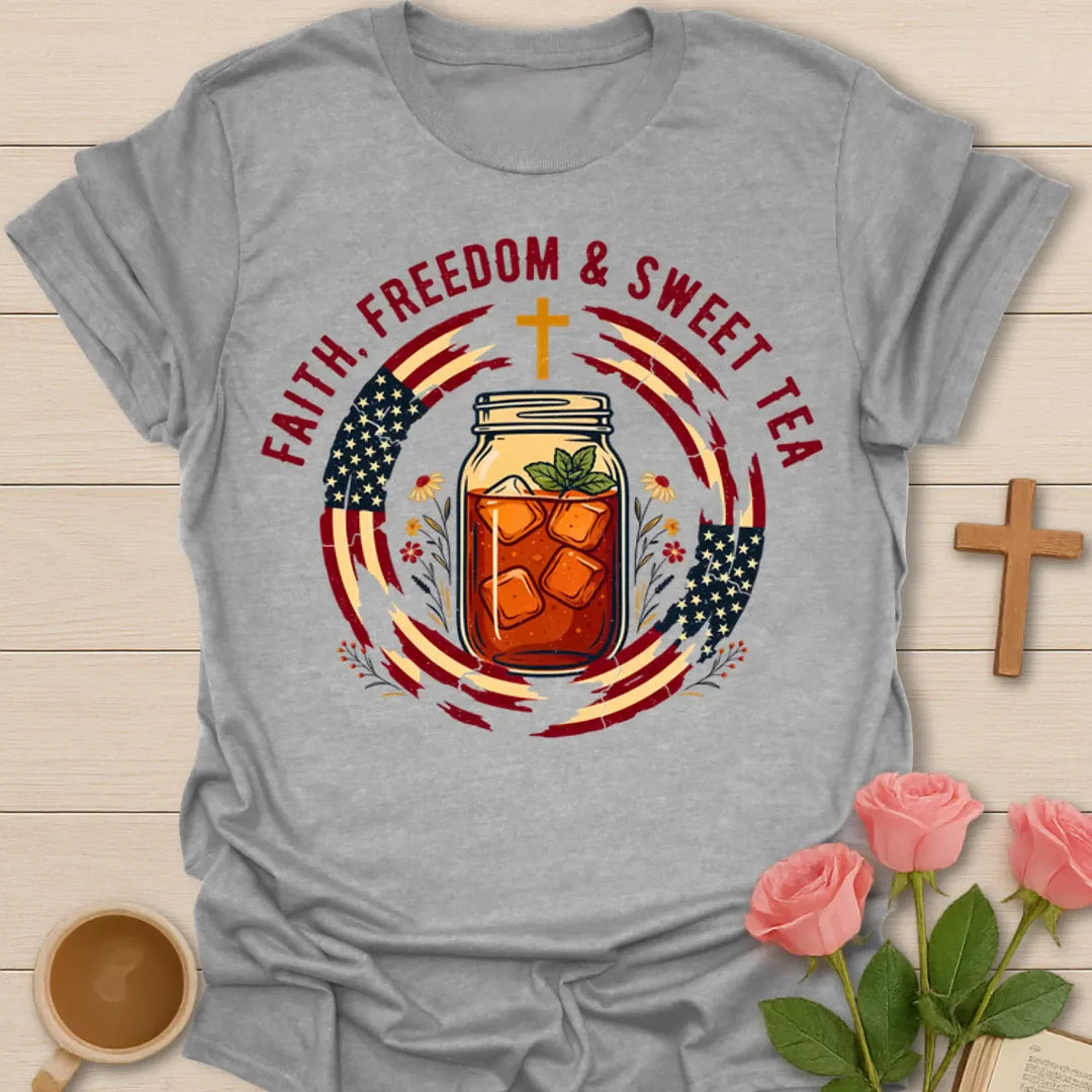 Faith Freedom and Sweet Tea patriotic shirt with mason jar iced tea, American flag accents, cross, and flowers - Sport Grey