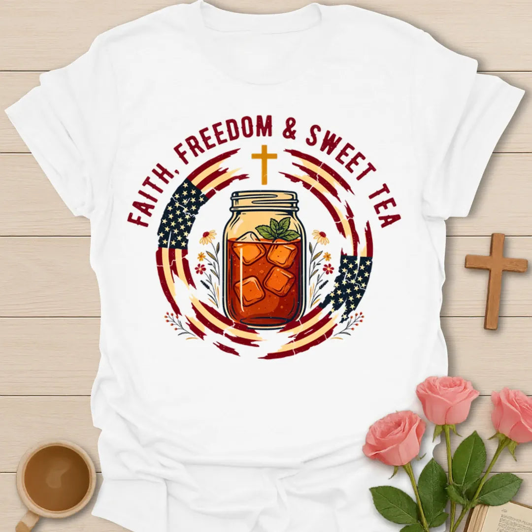 Faith Freedom and Sweet Tea patriotic shirt with mason jar iced tea, American flag accents, cross, and flowers - White