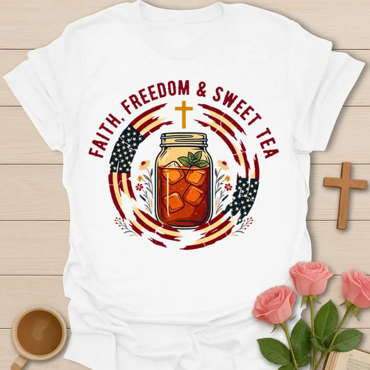 Faith Freedom and Sweet Tea patriotic shirt with mason jar iced tea, American flag accents, cross, and flowers - White