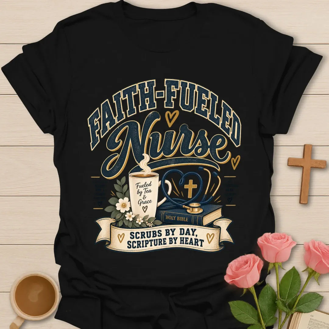 Faith-Fueled Nurse T-Shirt with nurse and faith-inspired lettering. - Black