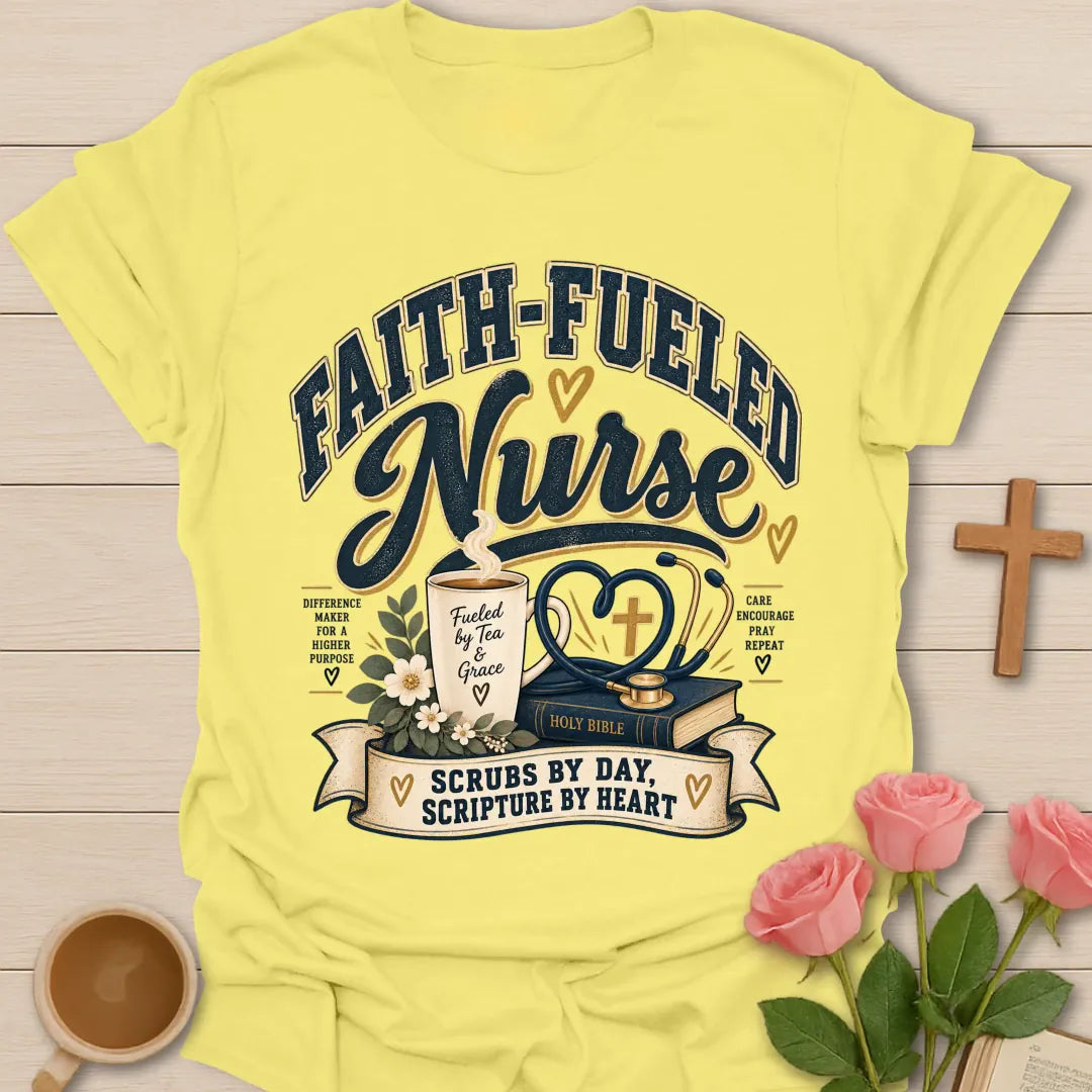 Faith-Fueled Nurse T-Shirt with nurse and faith-inspired lettering. - Cornsilk