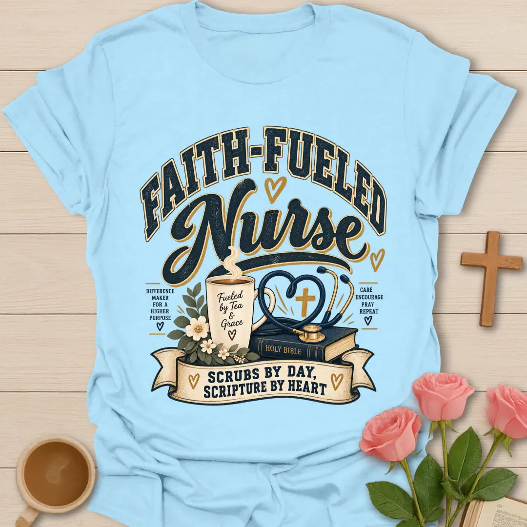 Faith-Fueled Nurse T-Shirt with nurse and faith-inspired lettering. - Light Blue