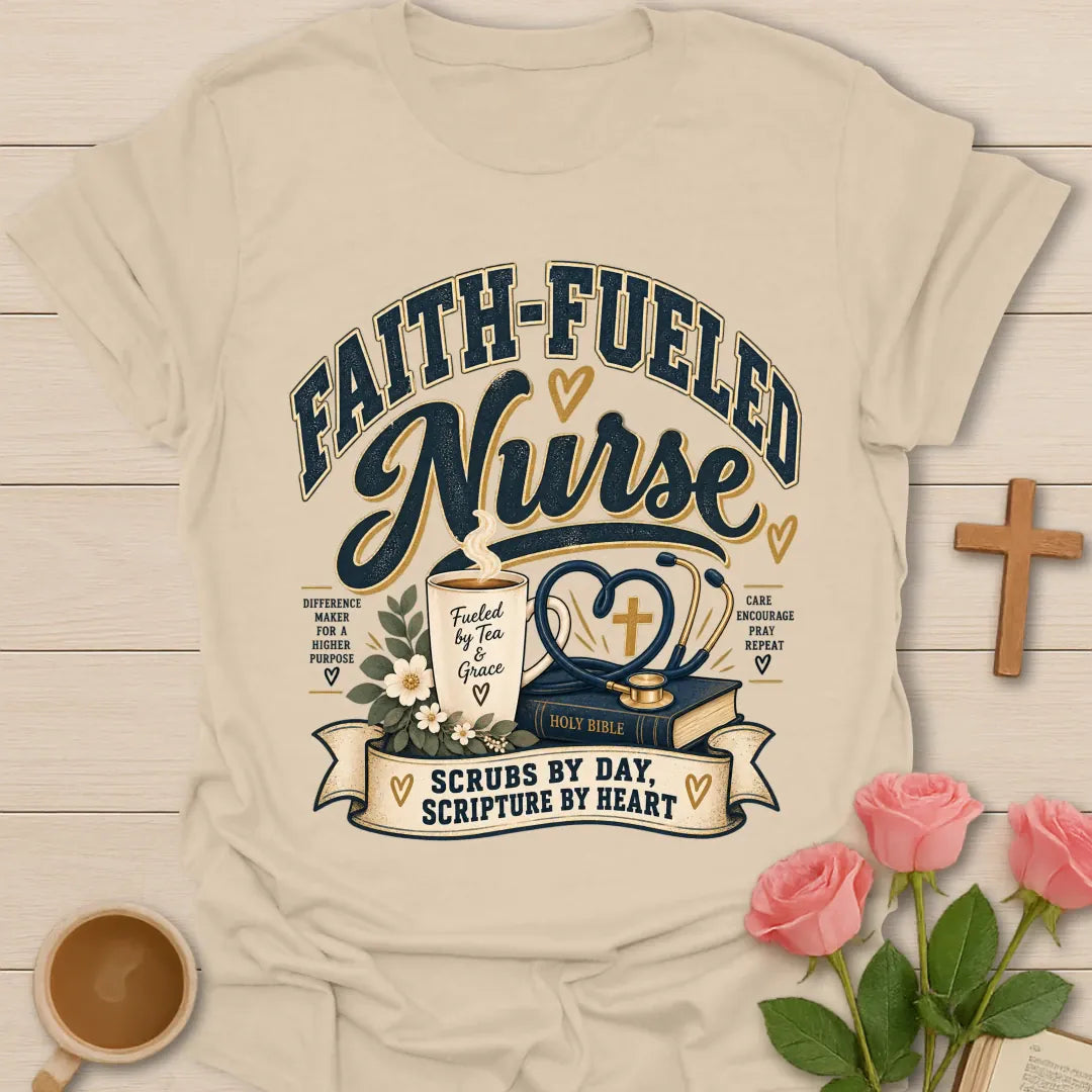 Faith-Fueled Nurse T-Shirt with nurse and faith-inspired lettering. - Sand
