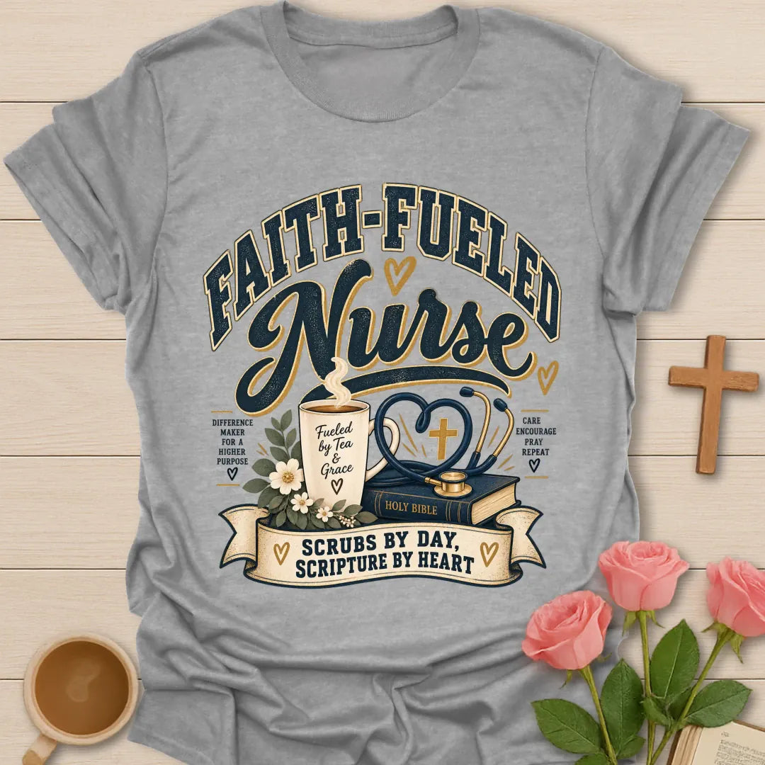Faith-Fueled Nurse T-Shirt with nurse and faith-inspired lettering. - Sport Grey