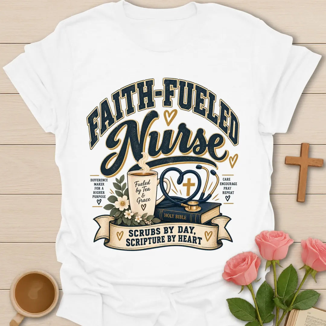 Faith-Fueled Nurse T-Shirt with nurse and faith-inspired lettering. - White