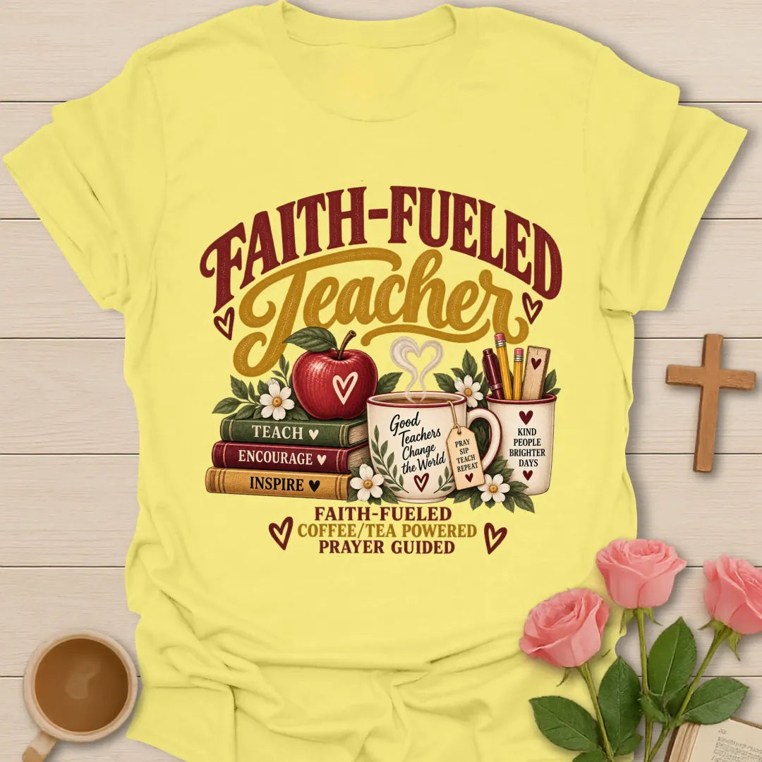 Faith-Fueled Teacher T-Shirt with teacher and faith-inspired lettering. - Cornsilk