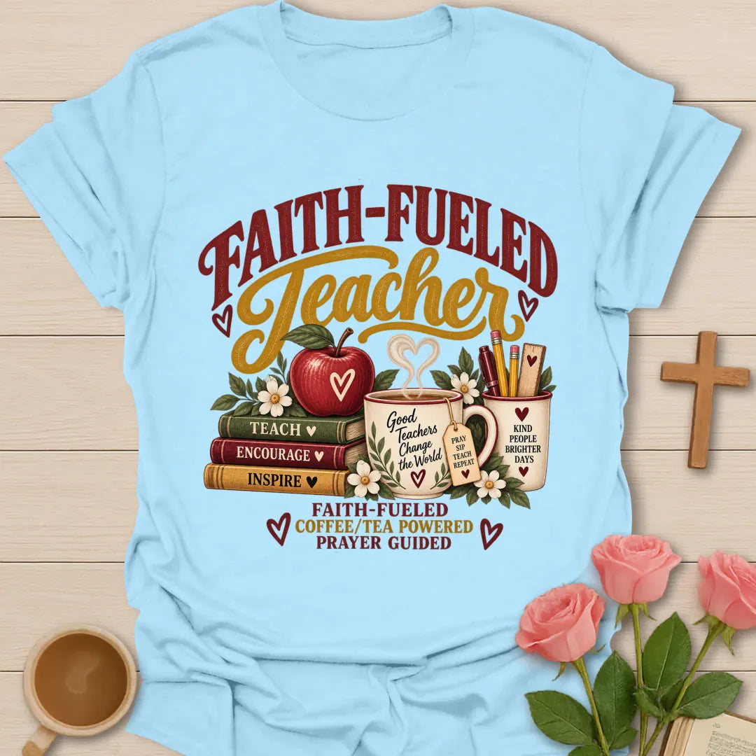 Faith-Fueled Teacher T-Shirt with teacher and faith-inspired lettering. - Light Blue