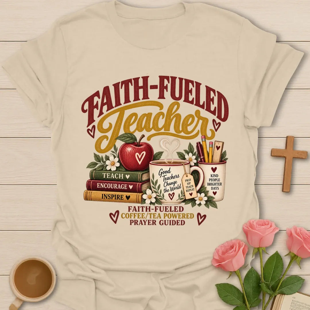 Faith-Fueled Teacher T-Shirt with teacher and faith-inspired lettering. - Sand