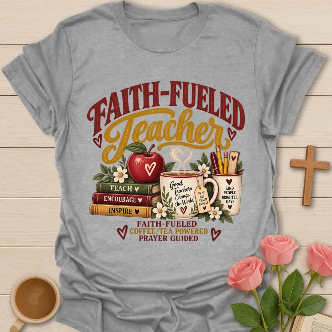 Faith-Fueled Teacher T-Shirt with teacher and faith-inspired lettering. - Sport Grey