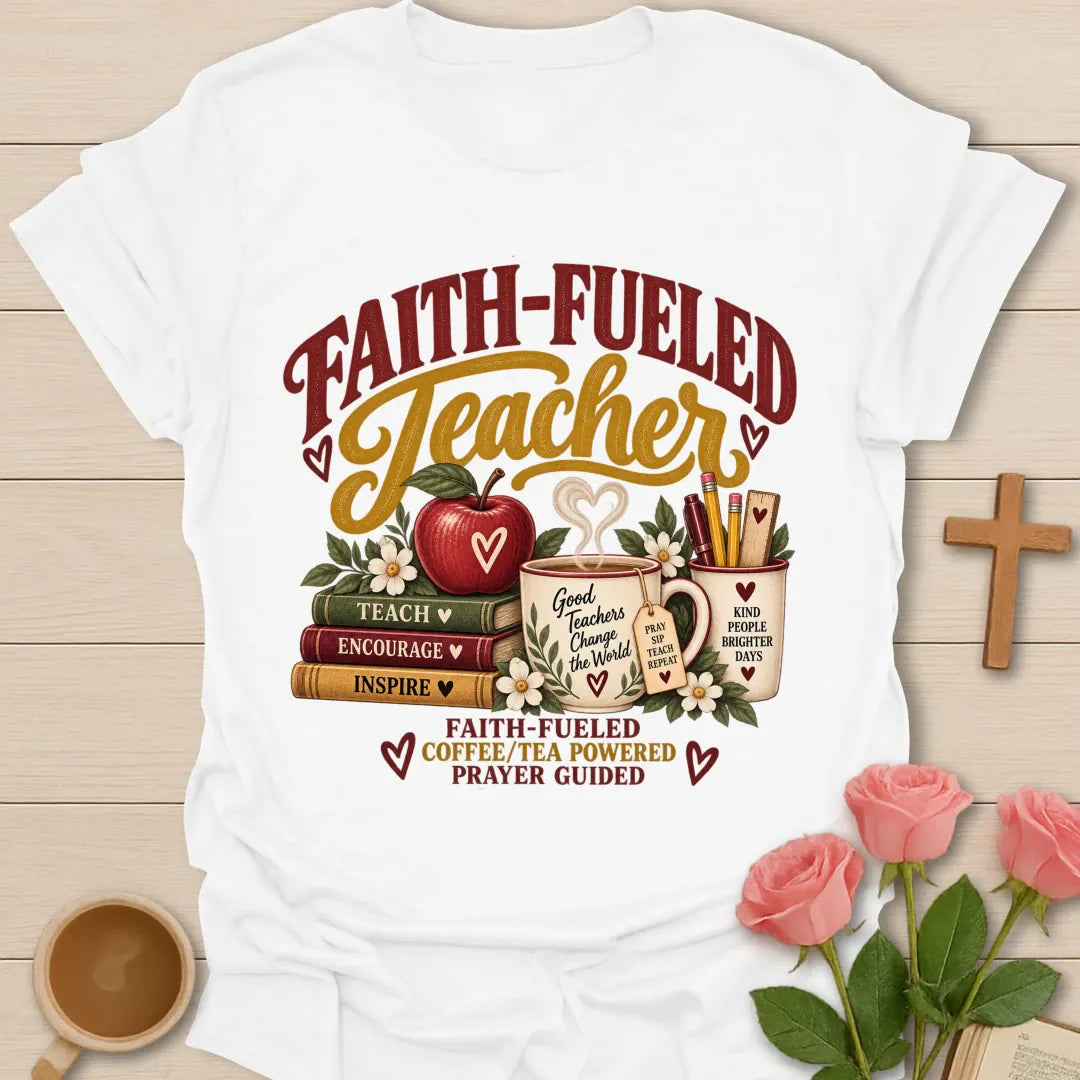 Faith-Fueled Teacher T-Shirt with teacher and faith-inspired lettering. - White