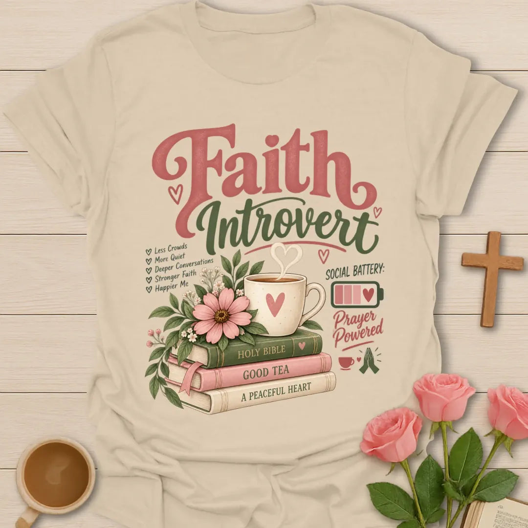 Faith Introvert T-Shirt with quiet, faith-inspired lettering. - Sand