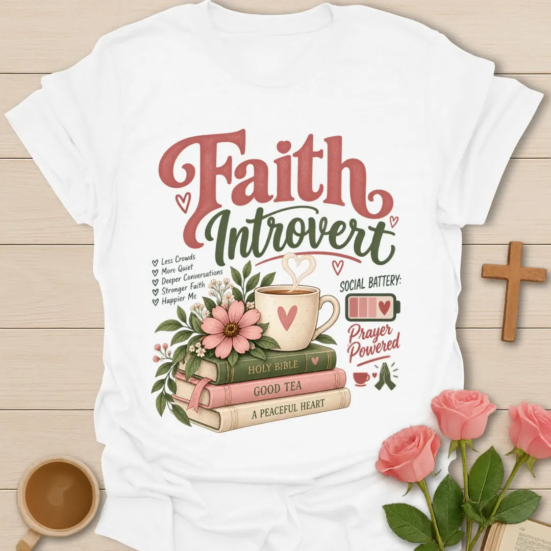 Faith Introvert T-Shirt with quiet, faith-inspired lettering. - White