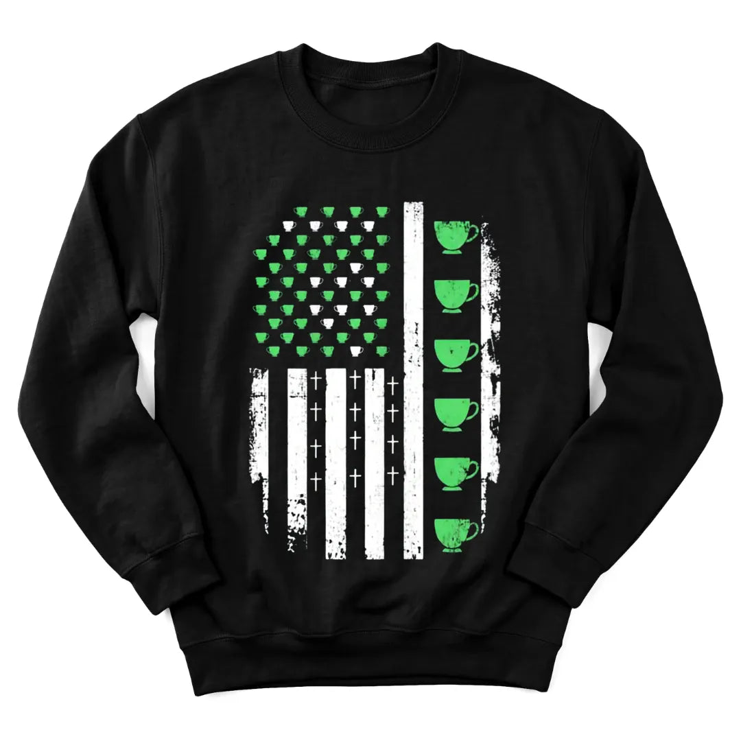 Faith and Irish tea US flag sweatshirt with distressed American flag and teacups - Black