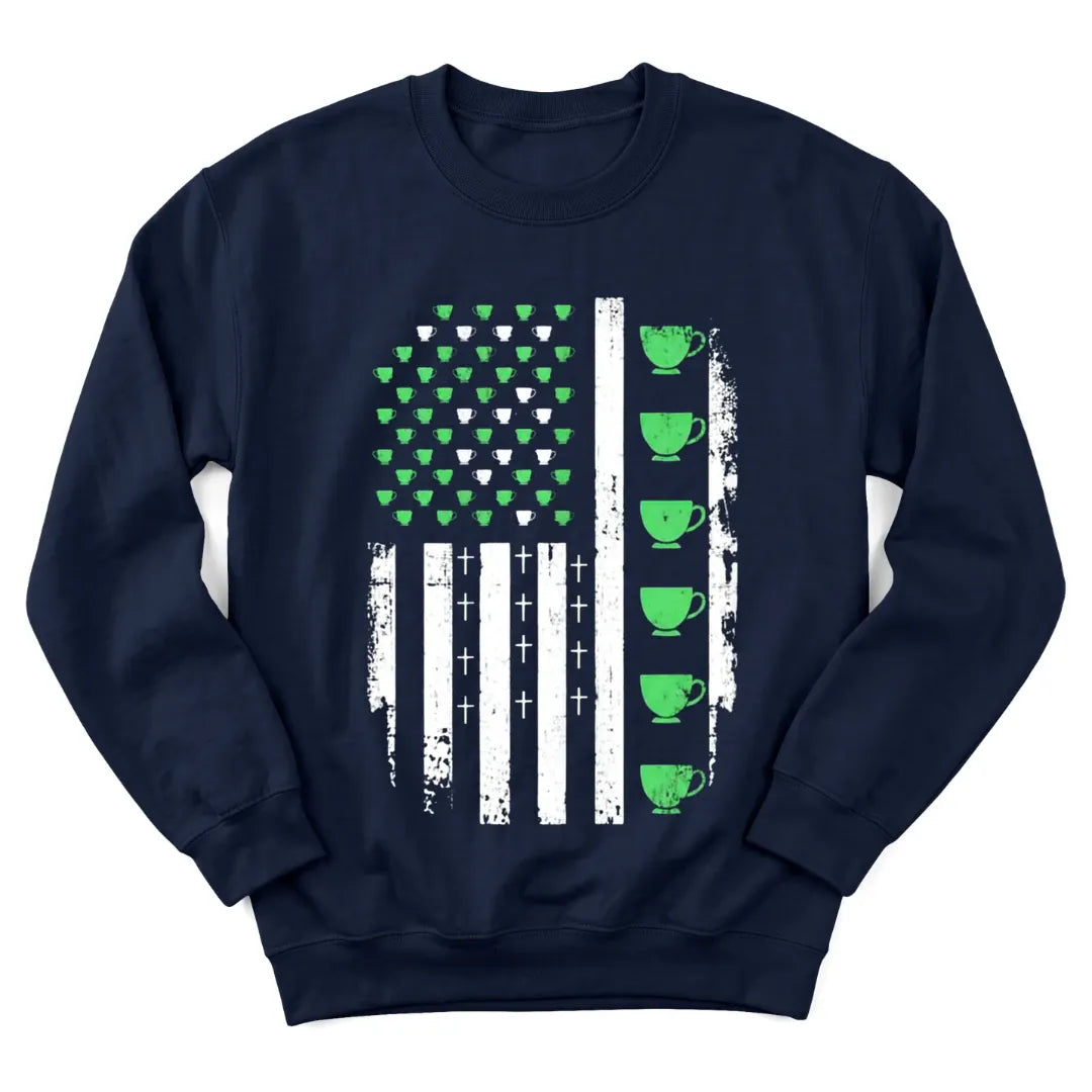 Faith and Irish tea US flag sweatshirt with distressed American flag and teacups - Navy