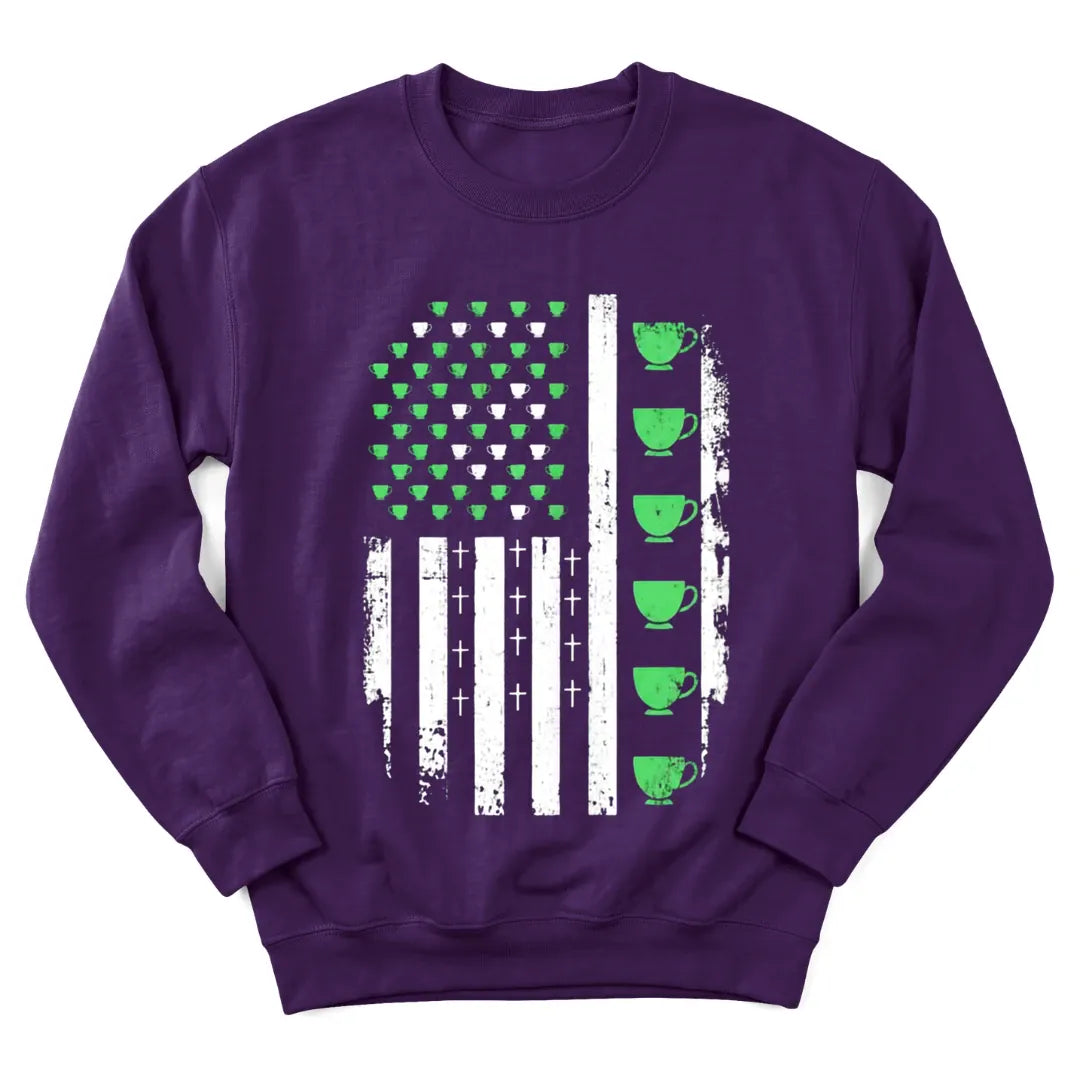 Faith and Irish tea US flag sweatshirt with distressed American flag and teacups - Purple