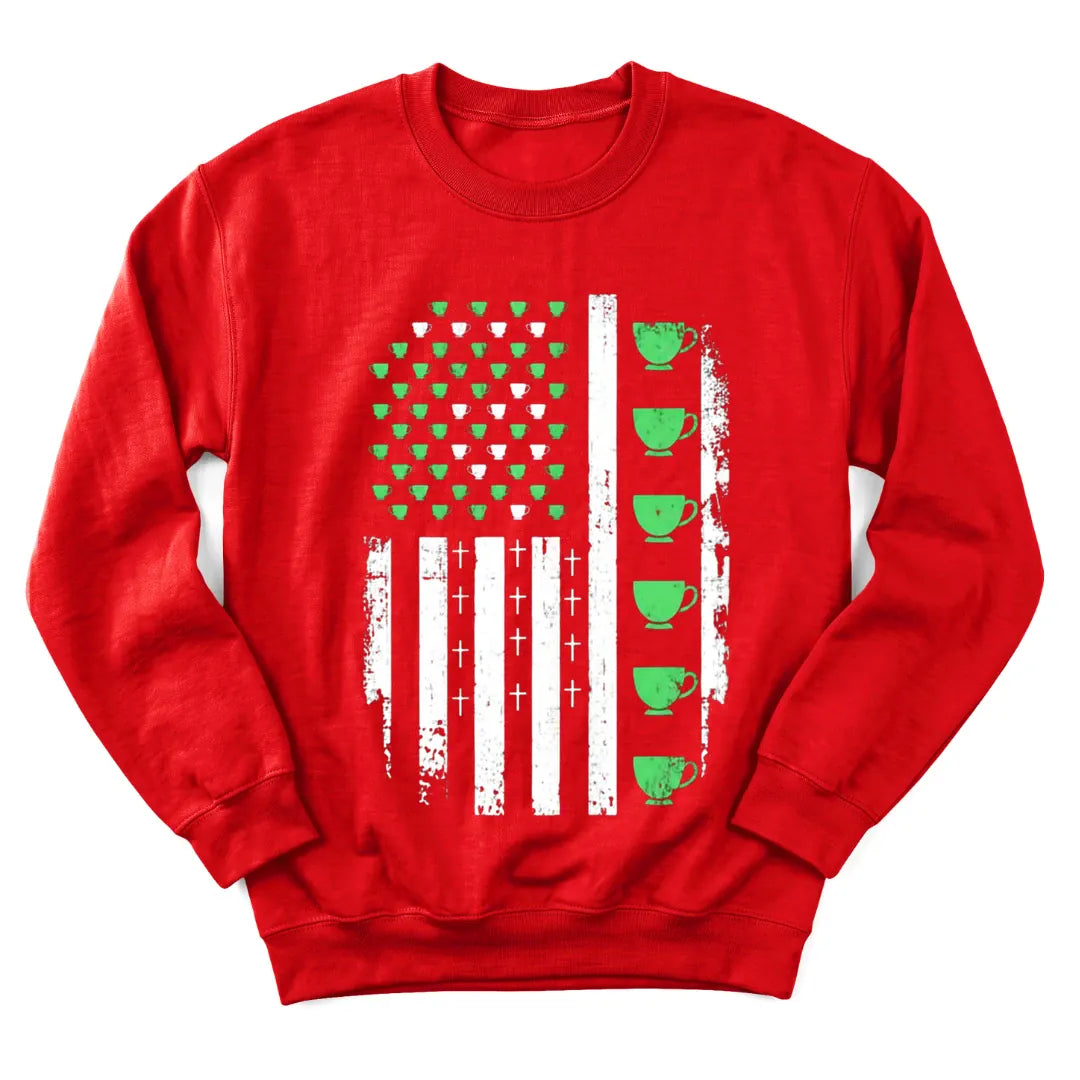 Faith and Irish tea US flag sweatshirt with distressed American flag and teacups - Red