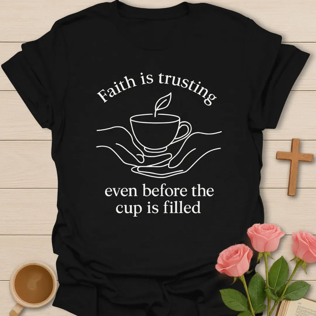 Faith Is Trusting shirt with cream vintage lettering and faith-inspired design. - Black