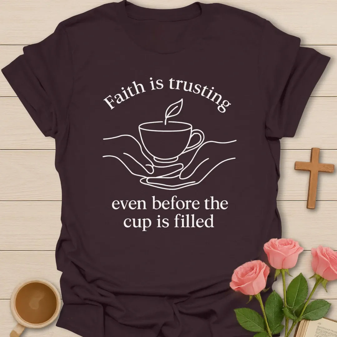 Faith Is Trusting shirt with cream vintage lettering and faith-inspired design. - Dark Chocolate