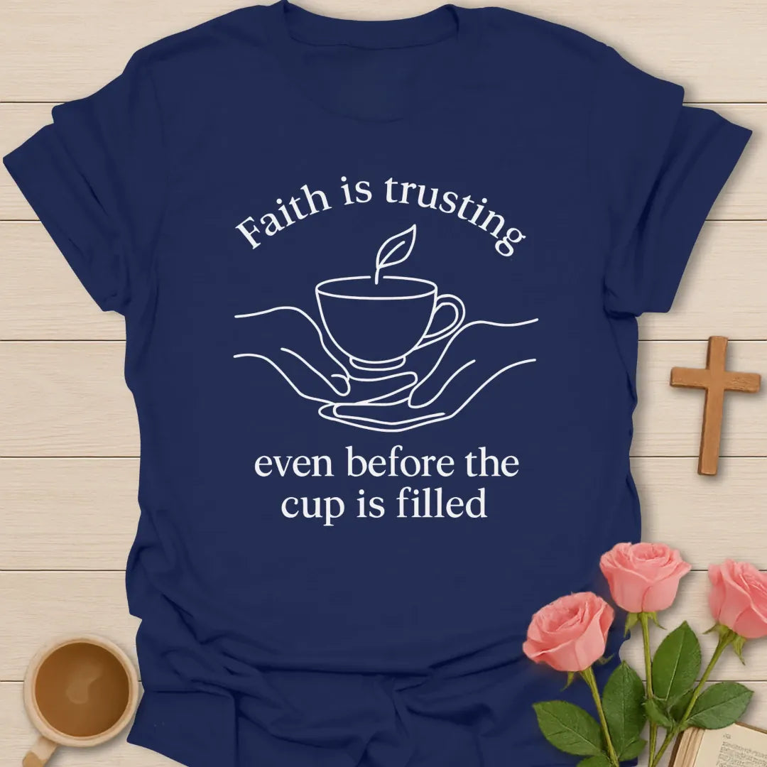 Faith Is Trusting shirt with cream vintage lettering and faith-inspired design. - Navy