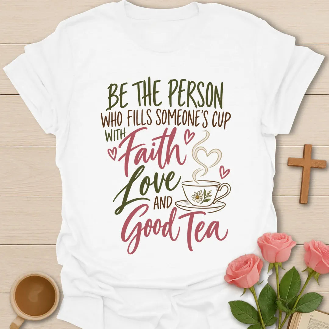 Faith Love And Good Tea Christian t-shirt with faith-inspired tea lettering design - White