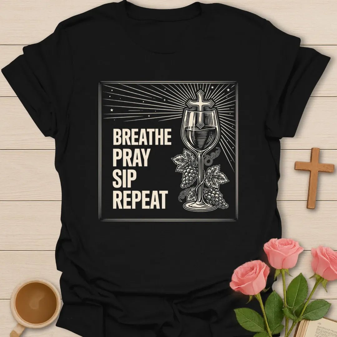 Breathe Pray Sip Repeat Wine T-Shirt KozzyCo Christian and tea lover design