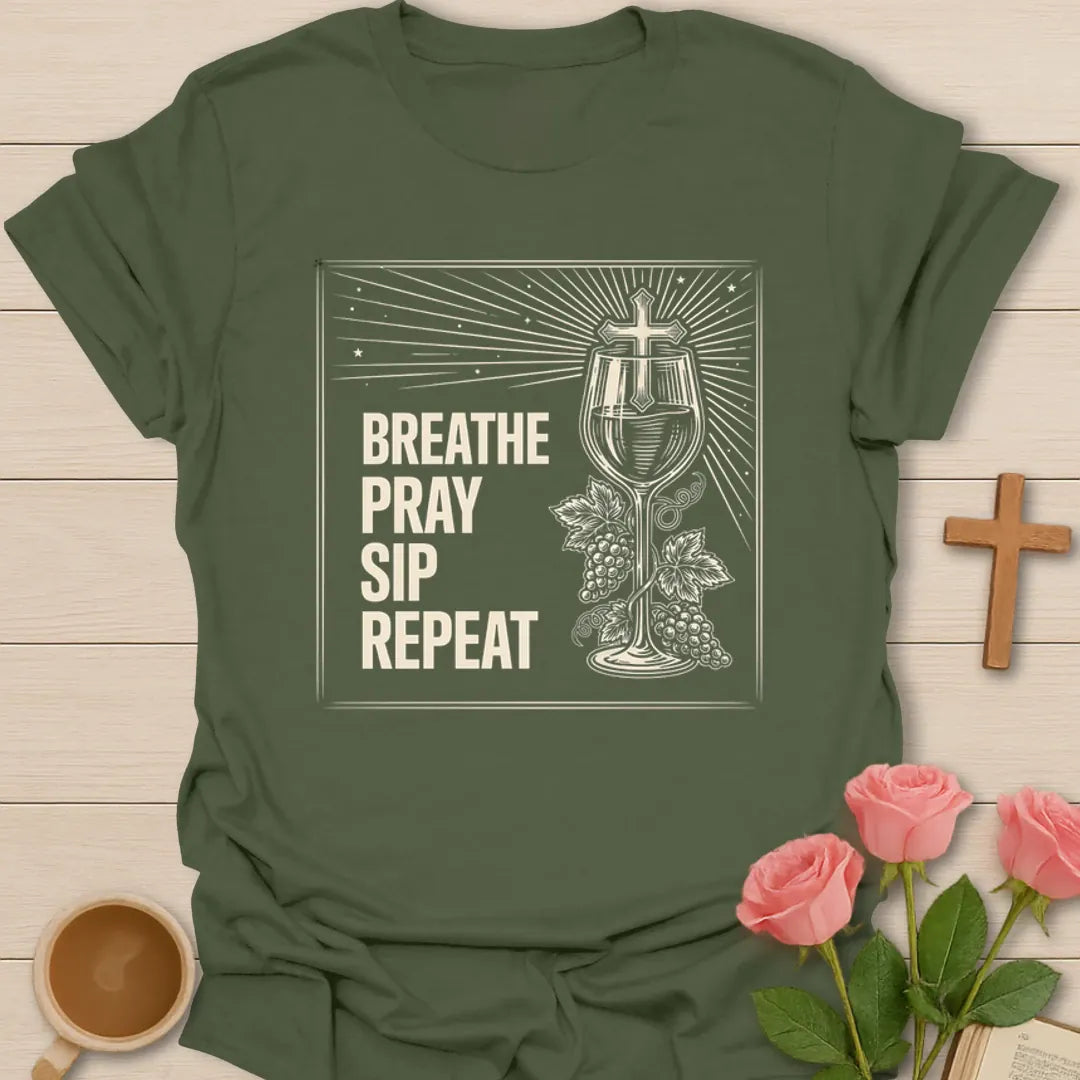Breathe Pray Sip Repeat Wine T-Shirt KozzyCo Christian and tea lover design