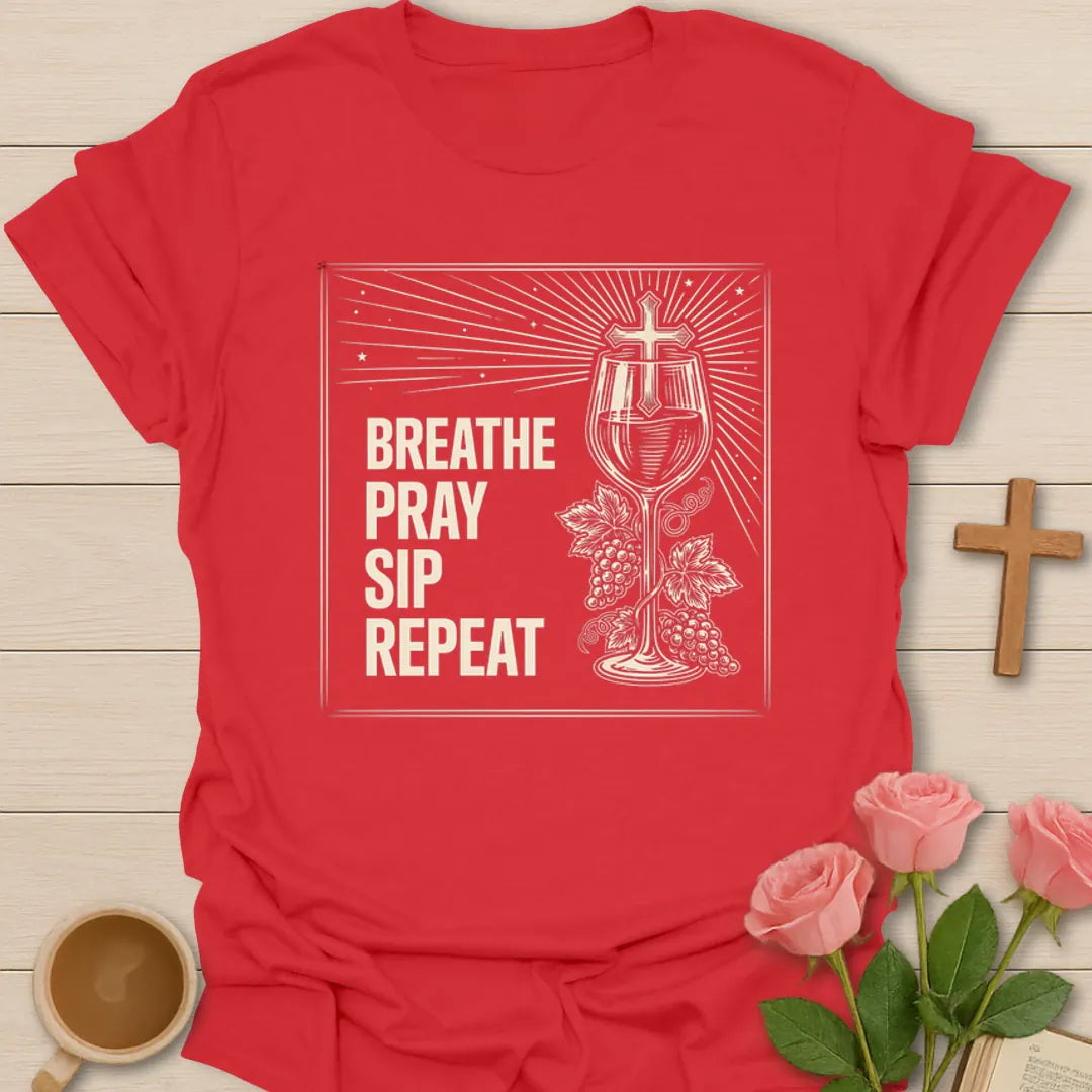 Breathe Pray Sip Repeat Wine T-Shirt KozzyCo Christian and tea lover design