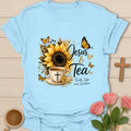 Faith Sips and Sunshine Christian t-shirt with sunny lettering and faith-inspired design - Light Blue