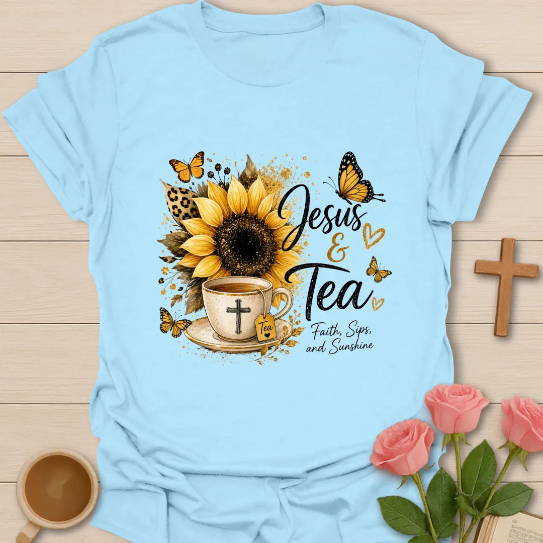Faith Sips and Sunshine Christian t-shirt with sunny lettering and faith-inspired design - Light Blue