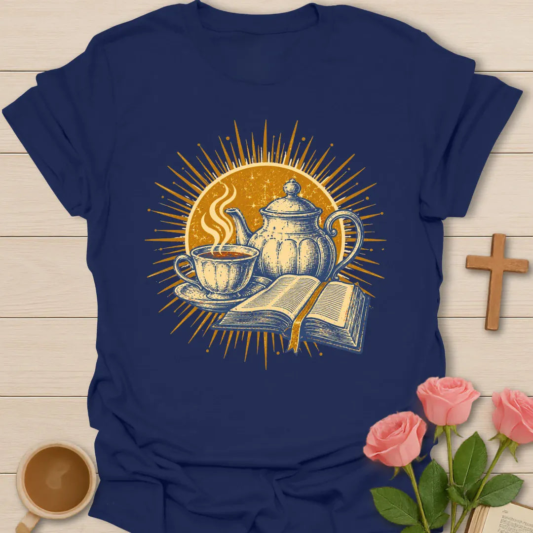 Faith Sunburst Tea Time t-shirt with a teapot, a steaming teacup and an open Bible inside a vintage golden sunburst - Navy