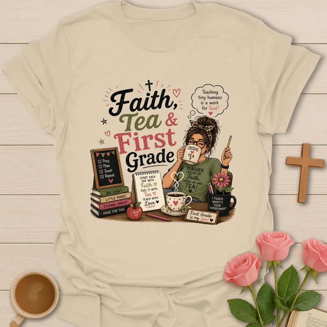 Faith Tea and First Grade shirt with bold mixed typography, sage, rose, black, cream, small hearts, stars, and classroom accents. - Sand