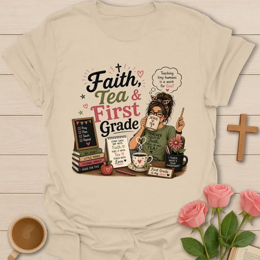 Faith Tea and First Grade shirt with bold mixed typography, sage, rose, black, cream, small hearts, stars, and classroom accents. - Sand