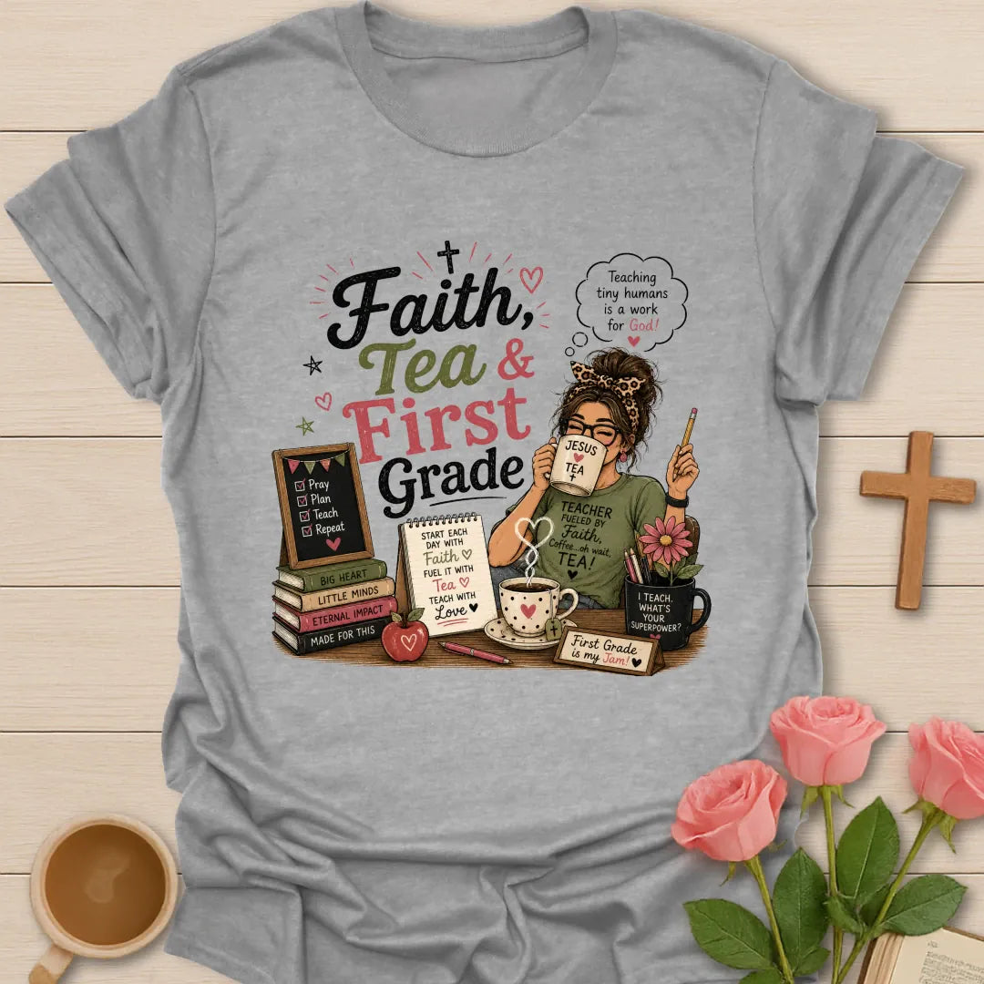 Faith Tea and First Grade shirt with bold mixed typography, sage, rose, black, cream, small hearts, stars, and classroom accents. - Sport Grey