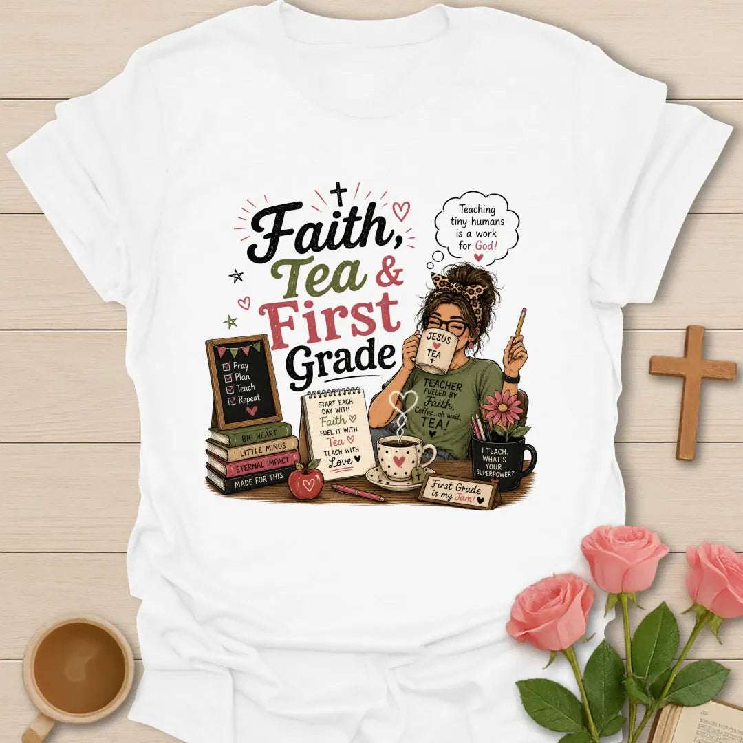Faith Tea and First Grade shirt with bold mixed typography, sage, rose, black, cream, small hearts, stars, and classroom accents. - White