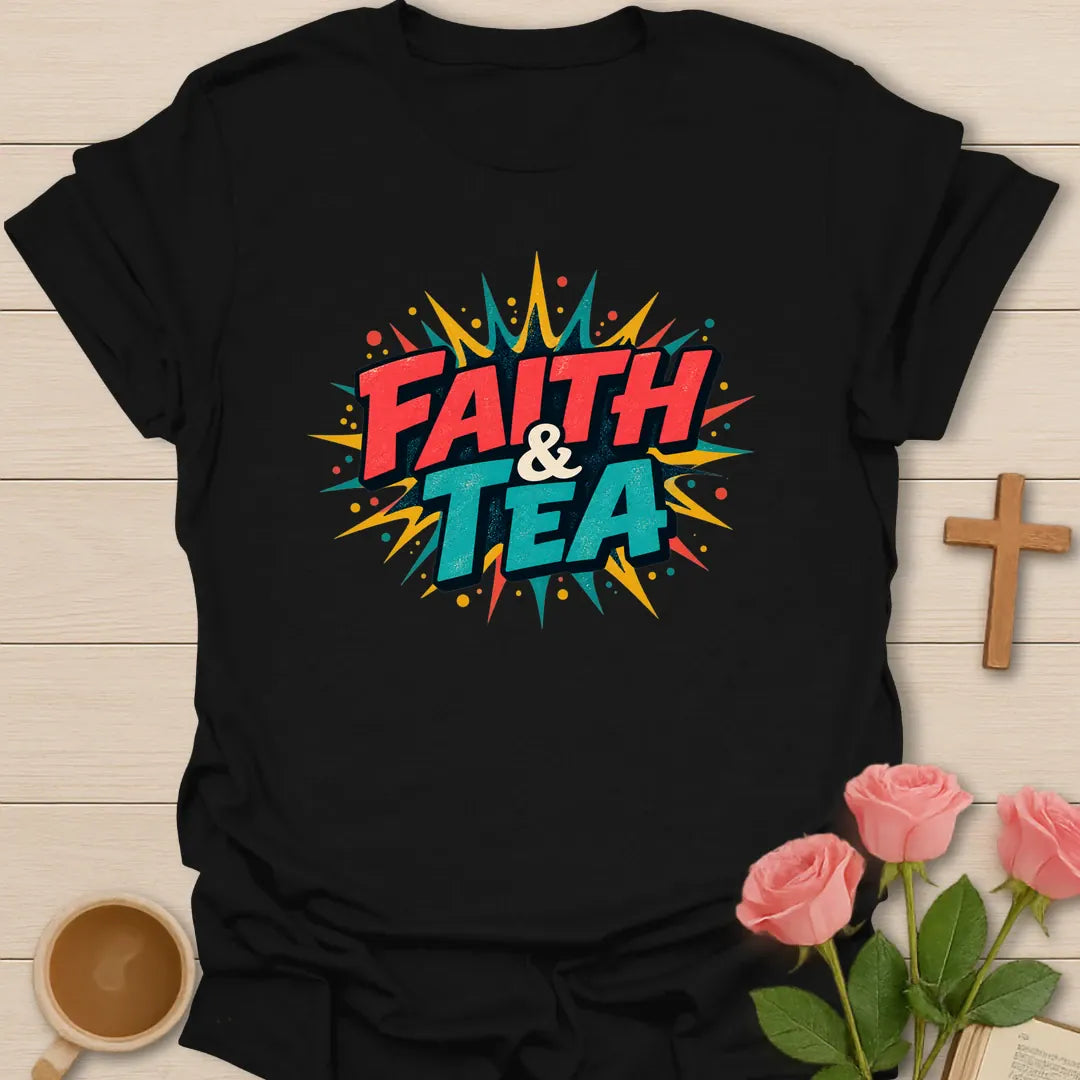 Faith and Tea retro pop-art Christian t-shirt with bold red and teal comic lettering on a yellow starburst - Black