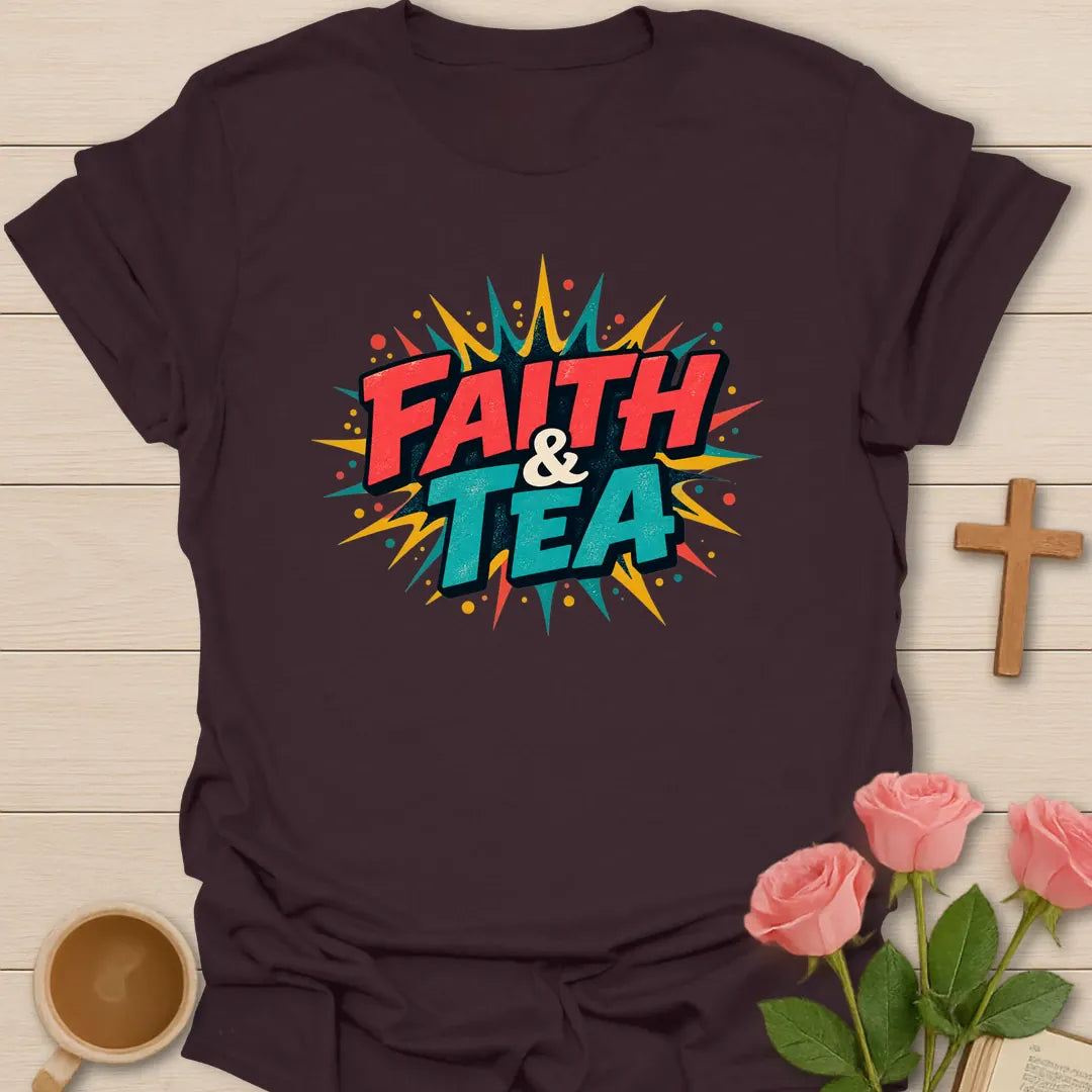 Faith and Tea retro pop-art Christian t-shirt with bold red and teal comic lettering on a yellow starburst - Dark Chocolate