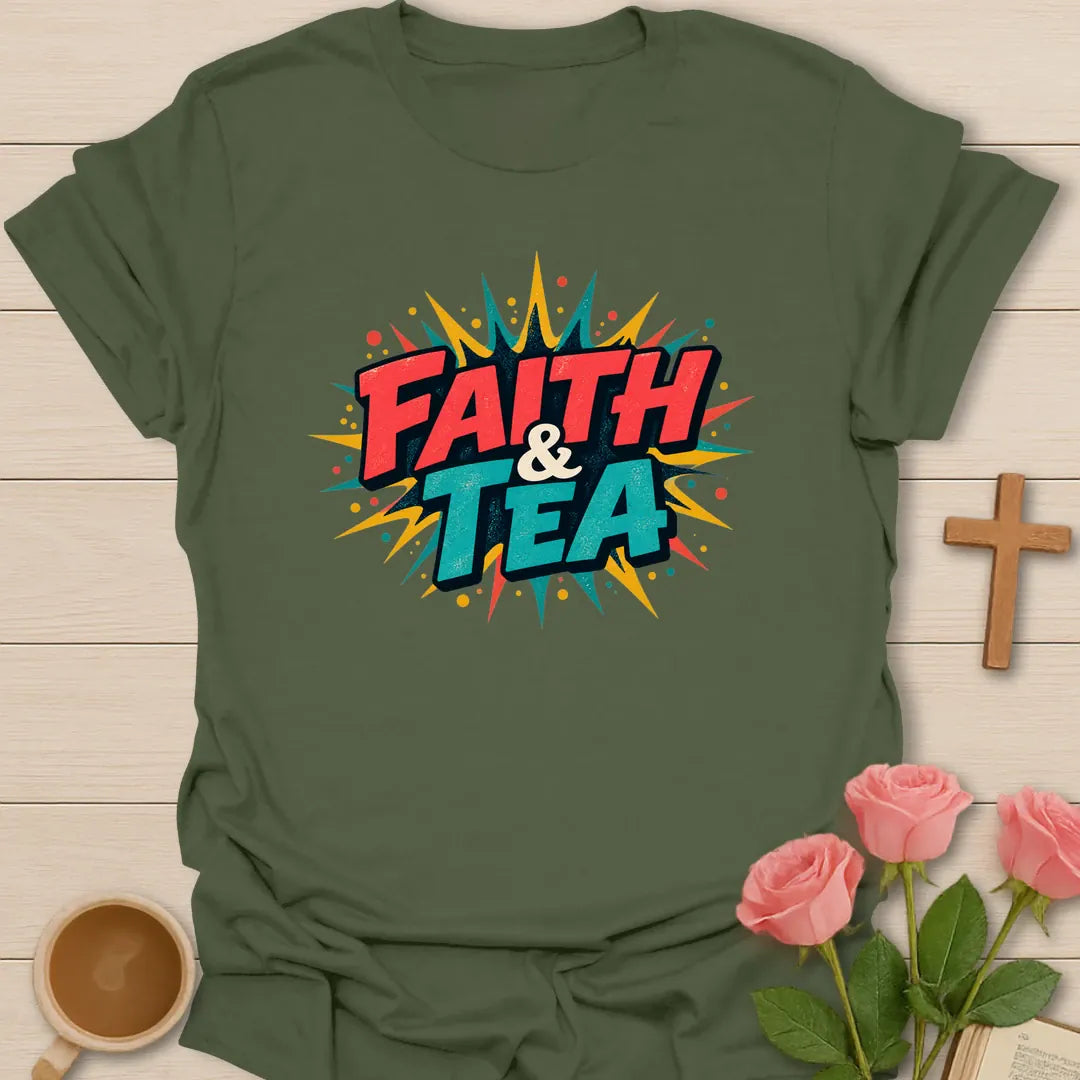 Faith and Tea retro pop-art Christian t-shirt with bold red and teal comic lettering on a yellow starburst - Military Green