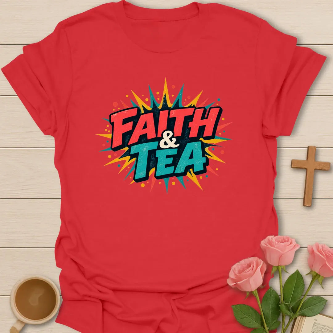 Faith and Tea retro pop-art Christian t-shirt with bold red and teal comic lettering on a yellow starburst - Red