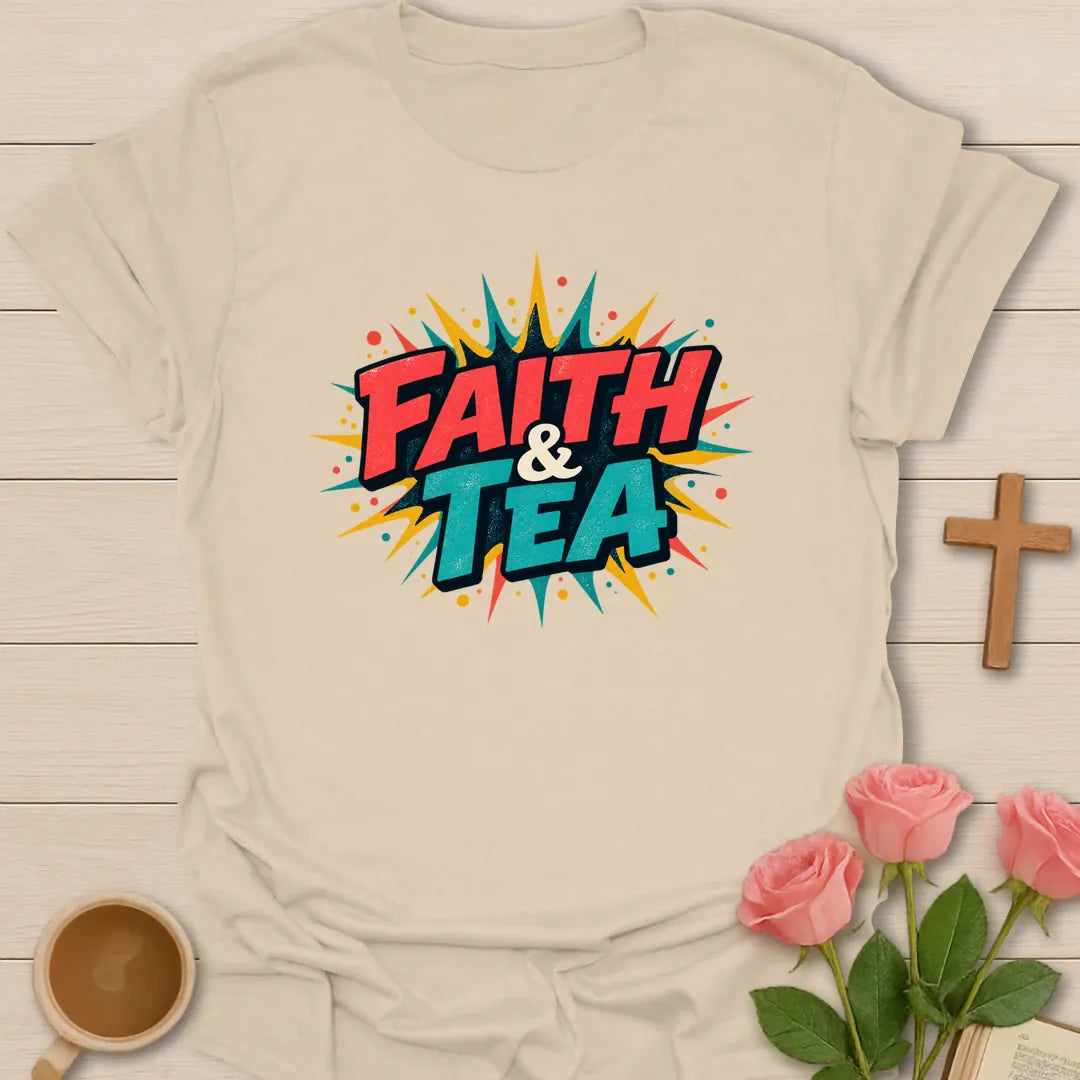 Faith and Tea retro pop-art Christian t-shirt with bold red and teal comic lettering on a yellow starburst - Sand