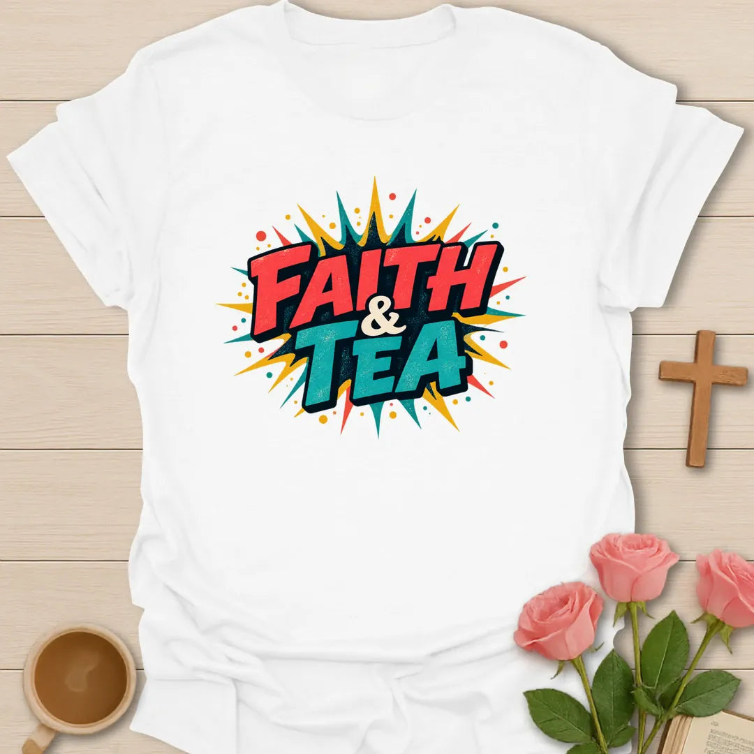 Faith and Tea retro pop-art Christian t-shirt with bold red and teal comic lettering on a yellow starburst - White