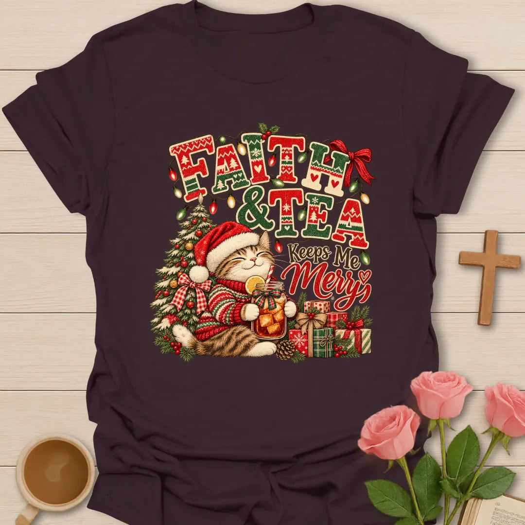 Faith & Tea Ugly Christmas Christian t-shirt with festive ugly-Christmas-style tea design - Dark Chocolate