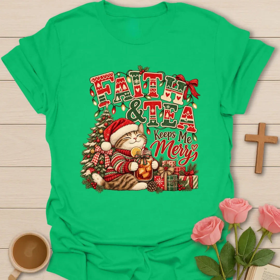 Faith & Tea Ugly Christmas Christian t-shirt with festive ugly-Christmas-style tea design - Irish Green