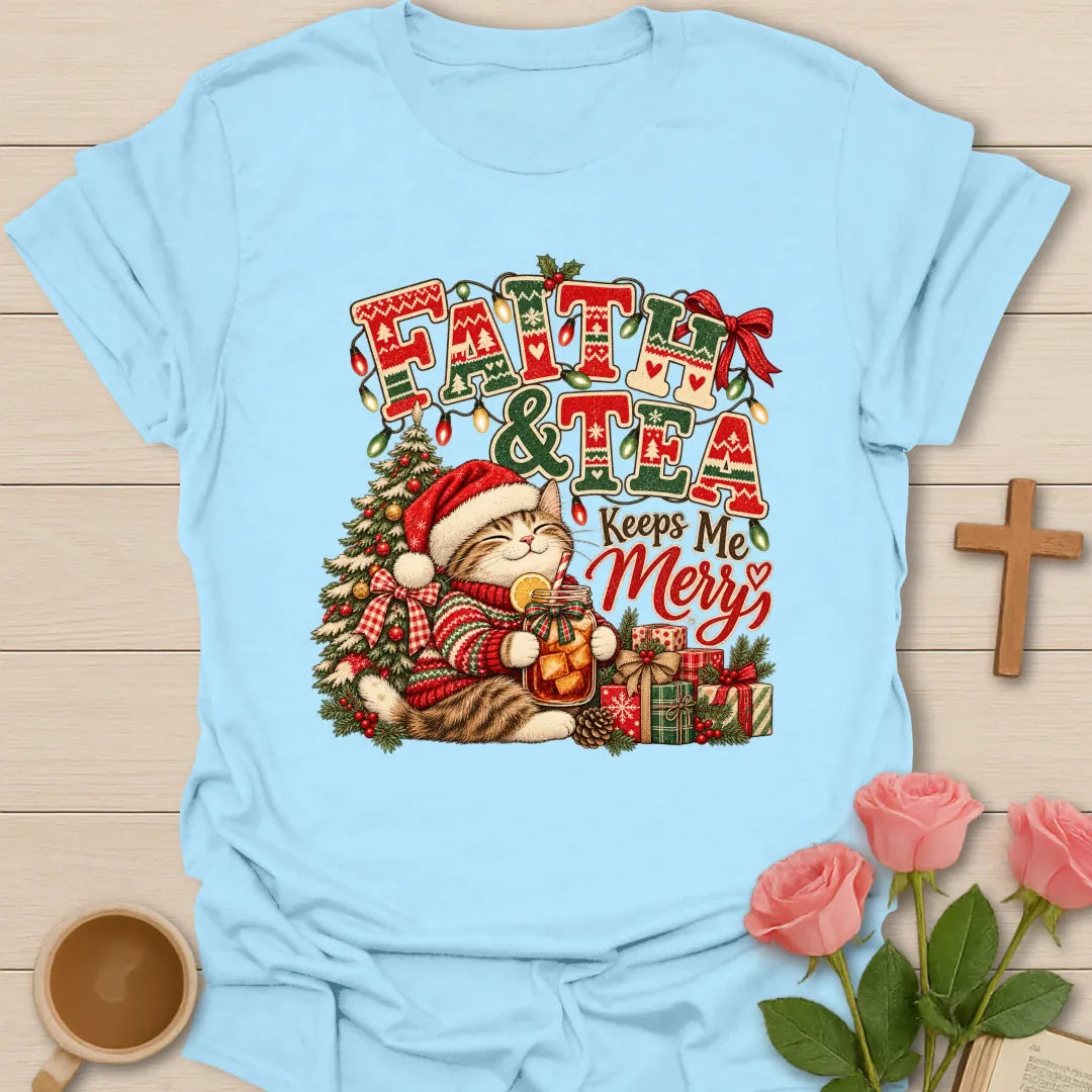 Faith & Tea Ugly Christmas Christian t-shirt with festive ugly-Christmas-style tea design - Light Blue