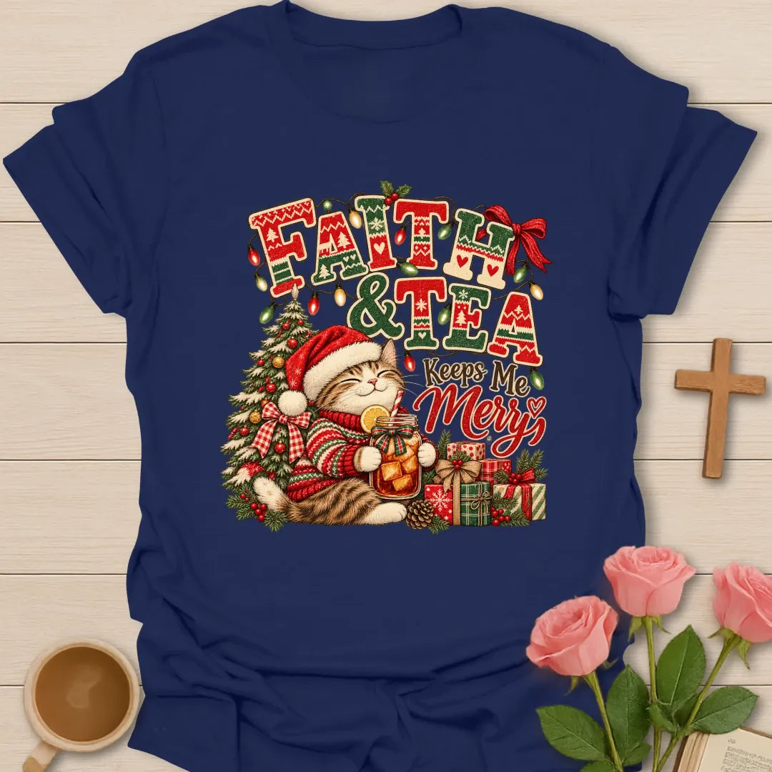 Faith & Tea Ugly Christmas Christian t-shirt with festive ugly-Christmas-style tea design - Navy