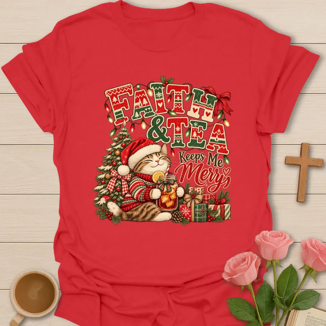 Faith & Tea Ugly Christmas Christian t-shirt with festive ugly-Christmas-style tea design - Red