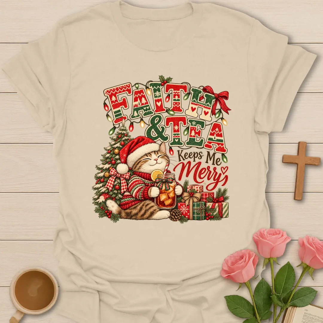 Faith & Tea Ugly Christmas Christian t-shirt with festive ugly-Christmas-style tea design - Sand