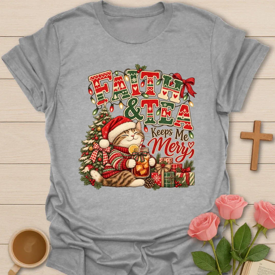 Faith & Tea Ugly Christmas Christian t-shirt with festive ugly-Christmas-style tea design - Sport Grey